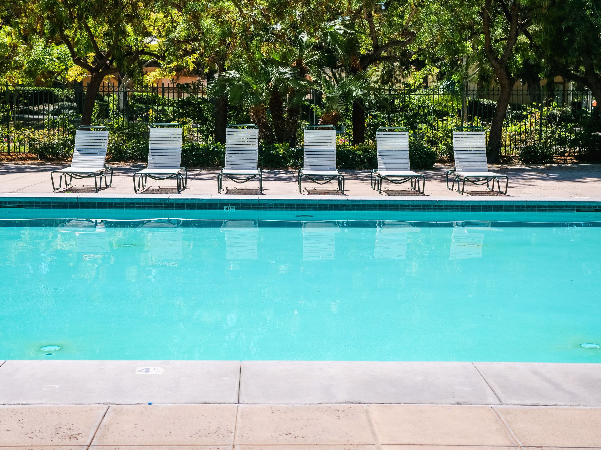 Relax by a tranquil outdoor pool surrounded by sun loungers and lush greenery.